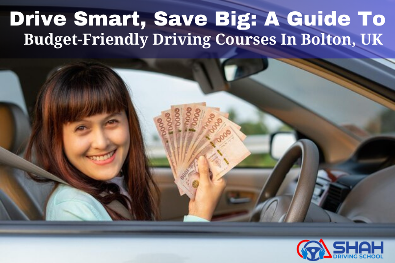 A woman with long hair is smiling and holding a fan of currency notes while sitting in a car.