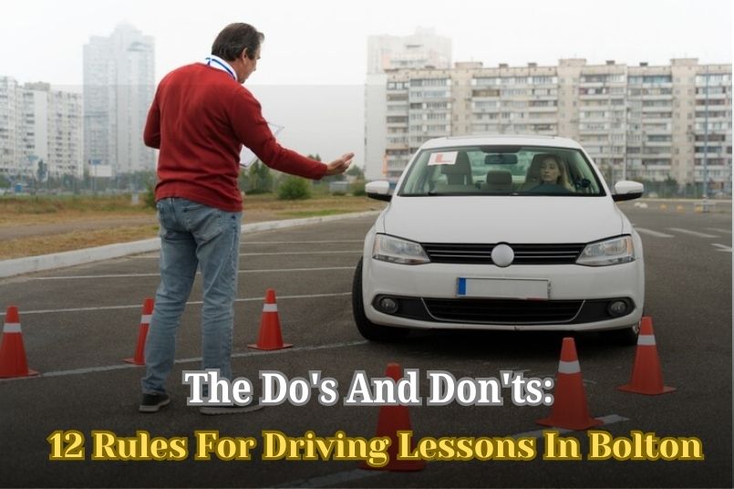 An driving instructor stands next to a white car, gesturing to a learner driver in a parking area with traffic cones.