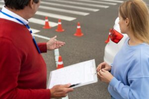 A driving instructor holding a clipboard discussing about driving lesson with a woman gestures towards a white car and a line of orange traffic cones