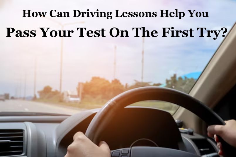 A person drives a car with both hands on the steering wheel.