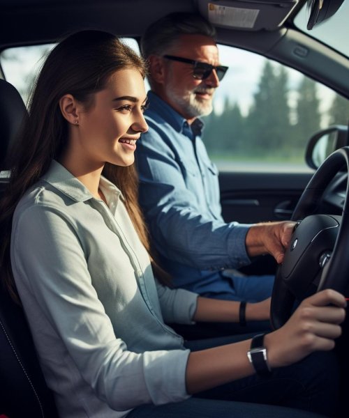A young woman with long brown hair is smiling while driving a car, receiving guidance from her driving instructor. Who is her driving instructor, sits in the passenger seat, also smiling.