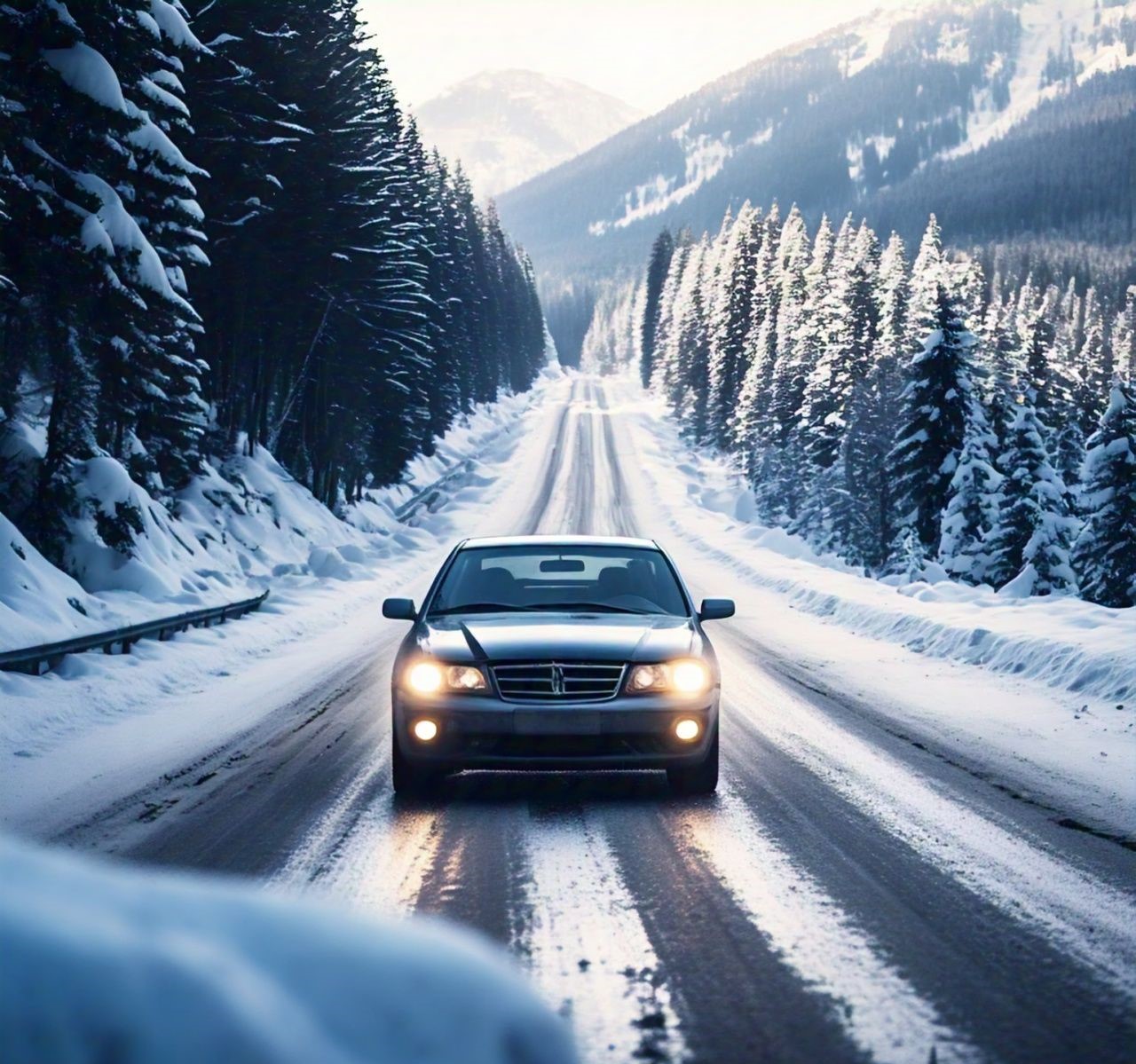 a car driving safely on road in winter