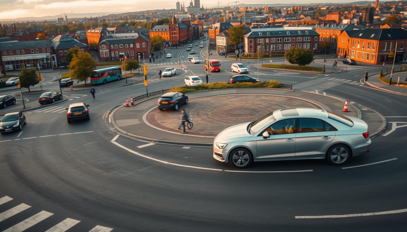 A busy, multi-lane roundabout in the heart of Bolton, England, bathed in the warm glow of late afternoon sunlight. Vehicles of all sizes - from compact cars to double-decker buses - navigate the complex intersection, their headlights and taillights painting a dynamic, ever-changing pattern. The road surface is smooth, with well-marked lanes and signage guiding drivers. Towering buildings in a blend of traditional and modern architecture frame the scene, hinting at the bustling urban environment. The overall atmosphere conveys a sense of controlled chaos, reflecting the challenges faced by drivers in mastering this challenging roundabout.