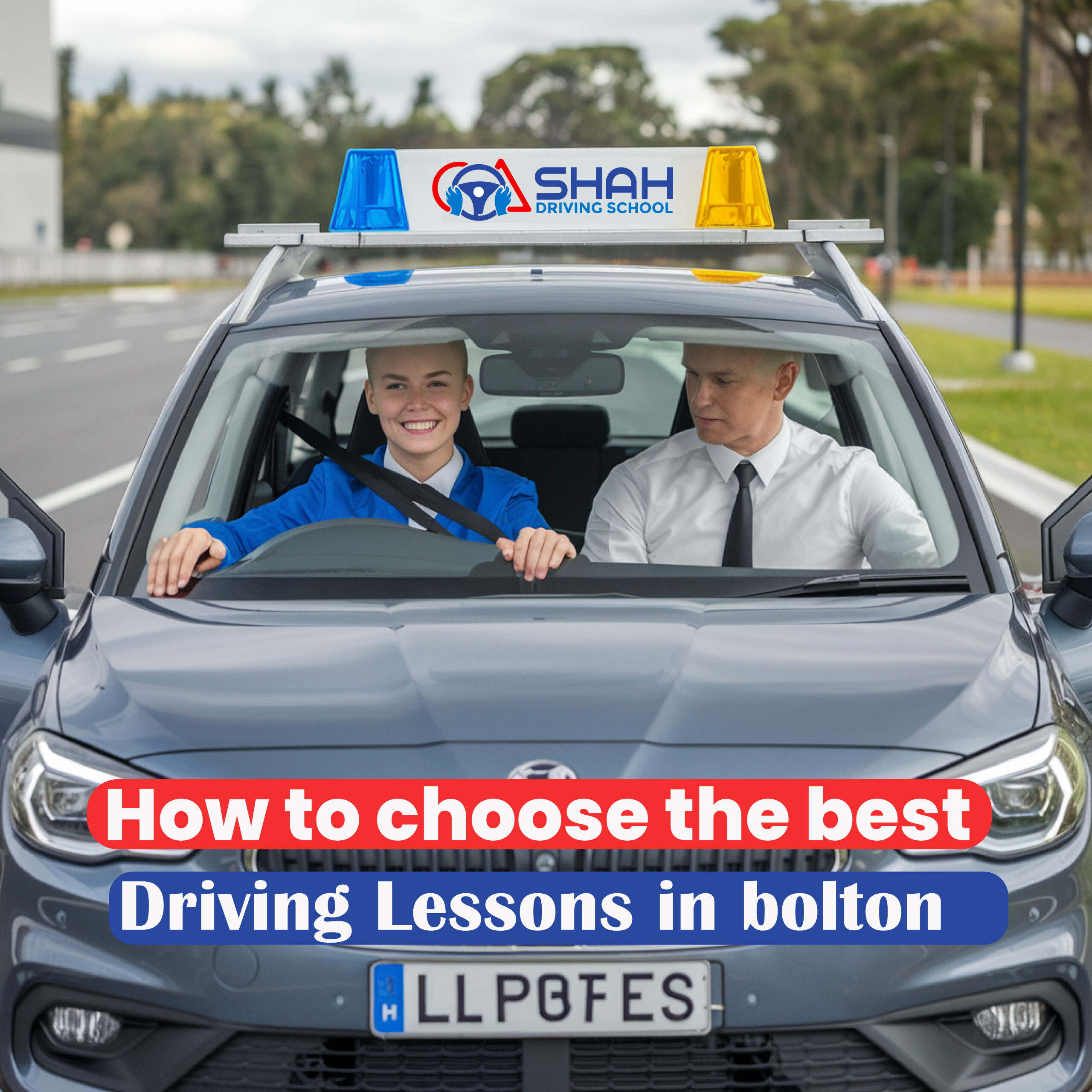 A futuristic self-driving car with a driving instructor and a student inside. The student, dressed in blue, appears to be controlling the vehicle without a visible steering wheel, while the instructor, wearing a white shirt and black tie, observes. The car features the 'Shah Driving School' logo on top with blue and yellow lights. A text overlay reads: 'How to choose the best Driving Lessons in Bolton'.