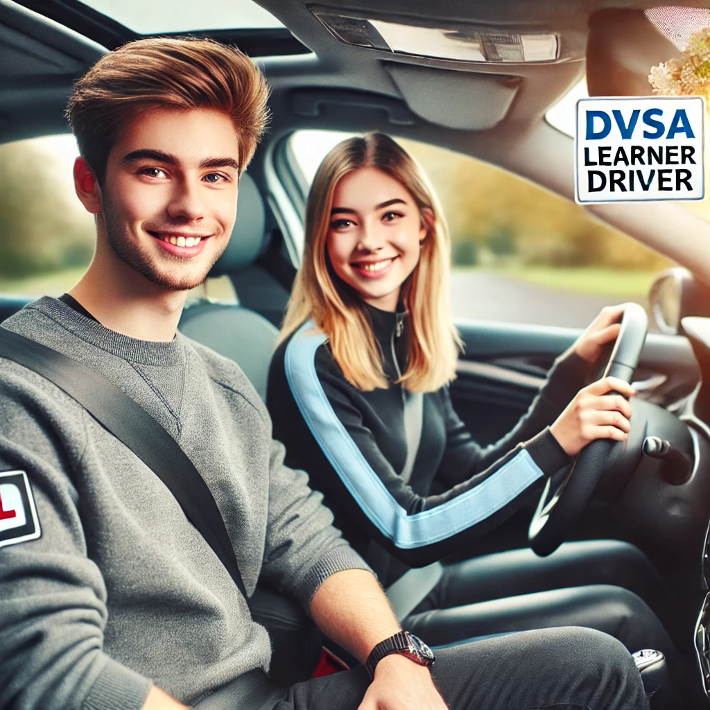 A smiling young female learner driver sitting behind the wheel of a car with a male driving instructor beside her. The image includes a "DVSA Learner Driver" sign, representing professional driving lessons at Shah Driving School in Bolton. The setting is bright and welcoming, creating a positive learning atmosphere.