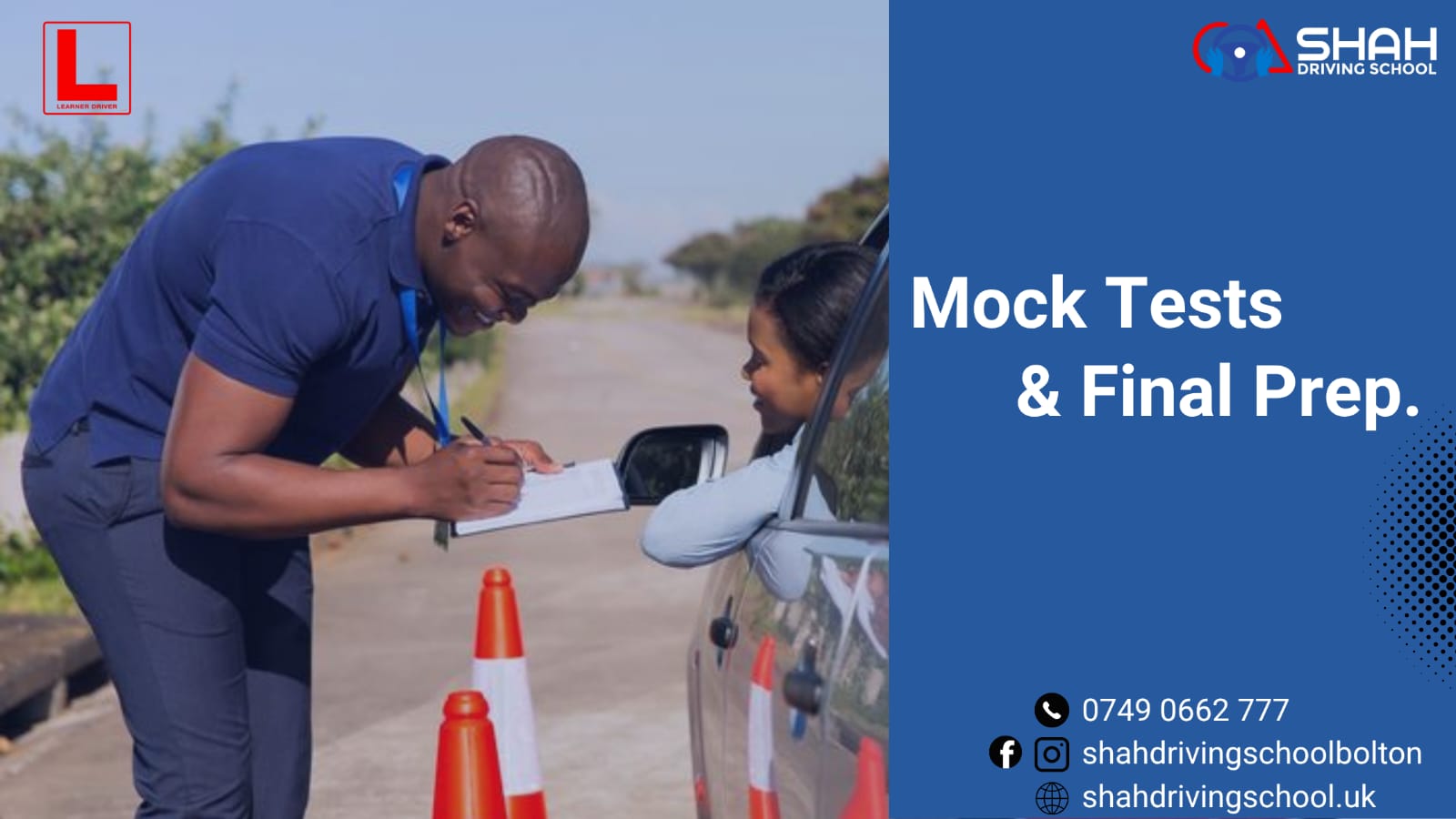 "Driving instructor conducting a mock test with a learner at Shah Driving School in Bolton – helping students prepare for their final driving test with confidence."