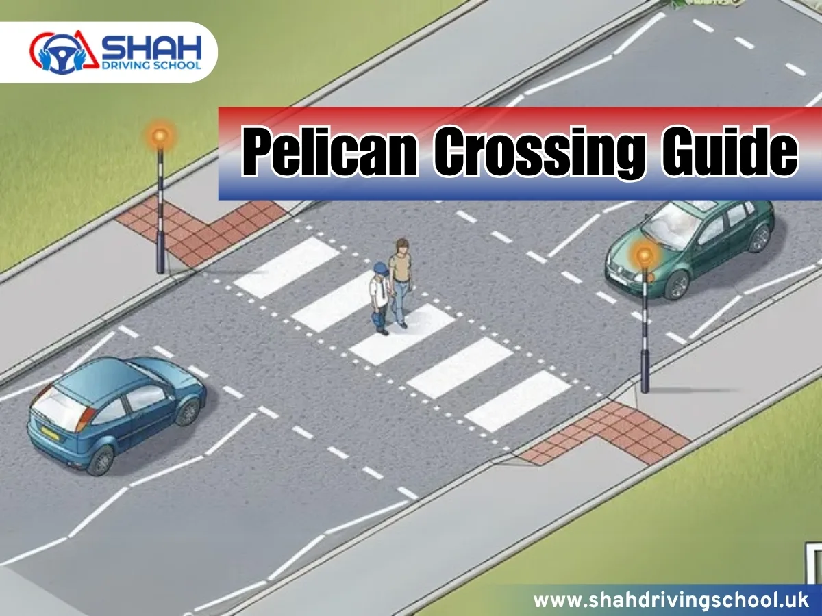 Illustration of a Pelican crossing with two pedestrians crossing the road as cars wait, used by Shah Driving School for traffic education.