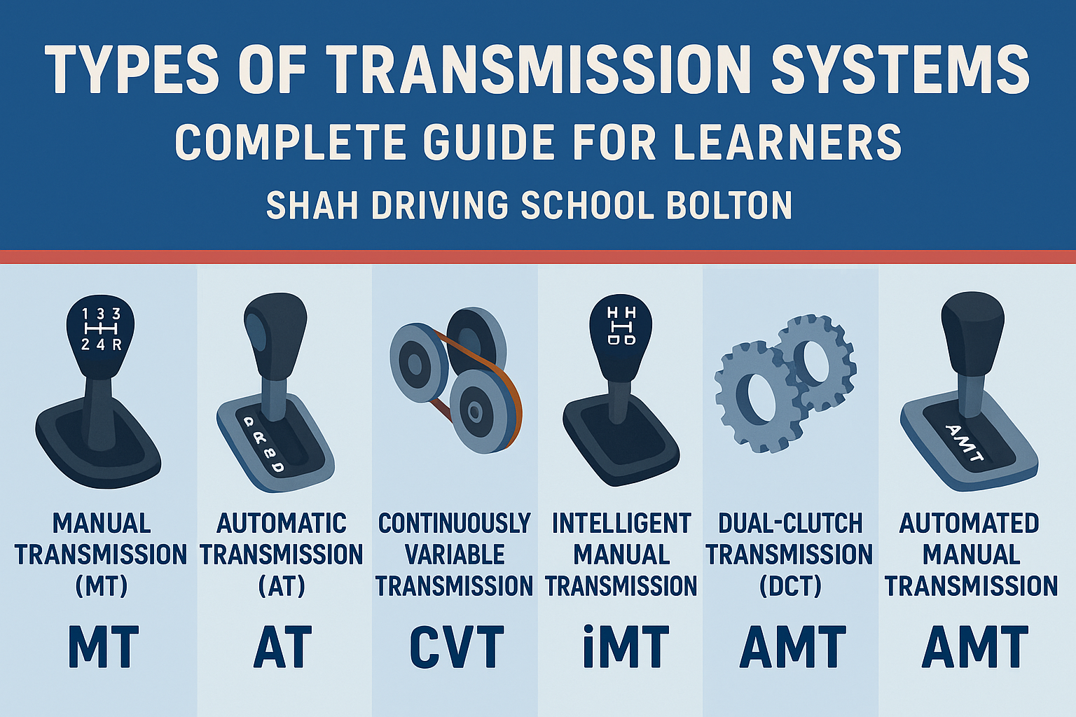 manual, automatic, CVT, iMT, DCT, and AMT systems. Shah Driving School Bolton helps you choose the best transmission for your driving goals.