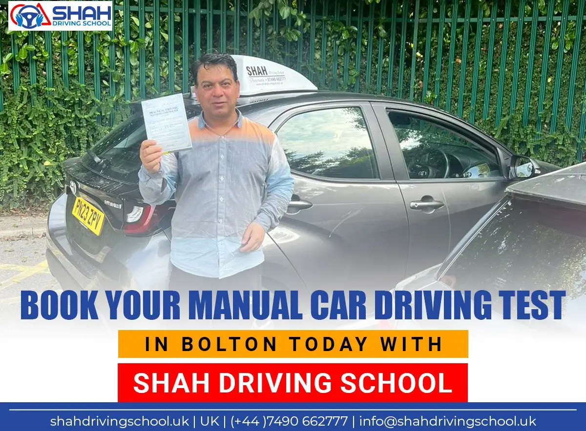 happy learner standing outside of shah driving school with pass certificate