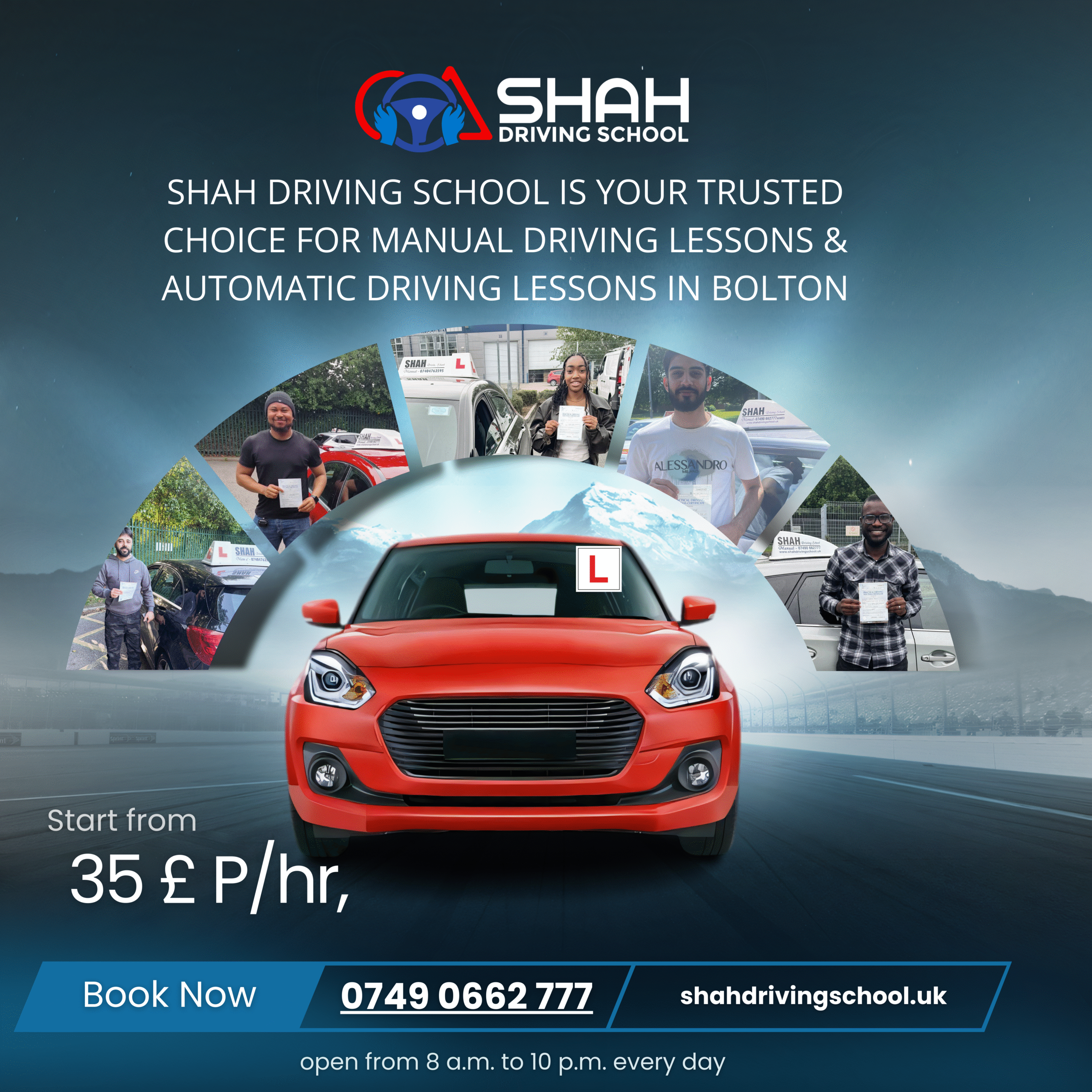 Shah Driving School in Bolton offers manual and automatic driving lessons starting from £35 per hour. Includes contact number 0749 0662 777, website shahdrivingschool.uk, and images of successful students holding certificates.