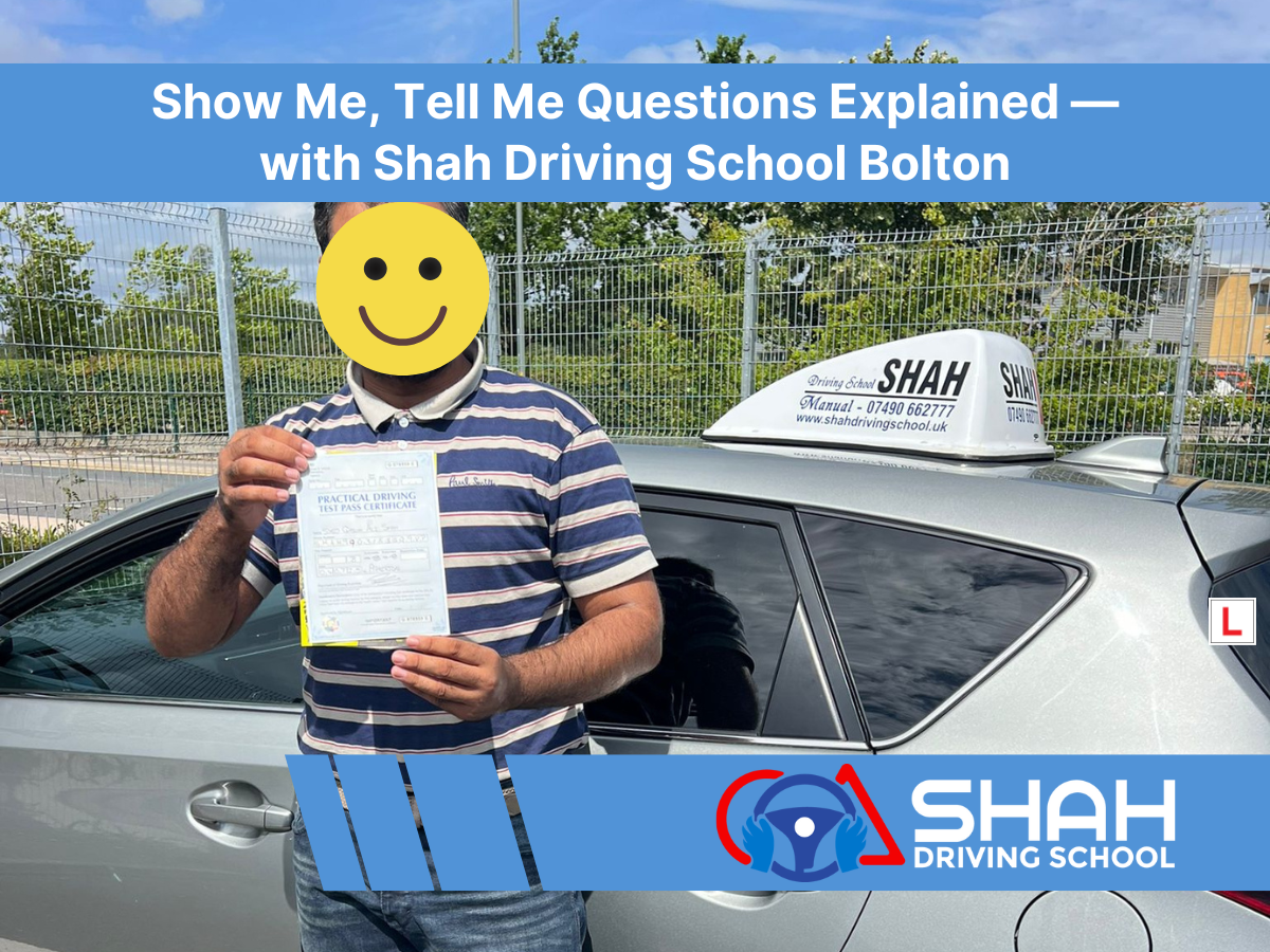 a passer standing outside with shah driving school's car in bolton