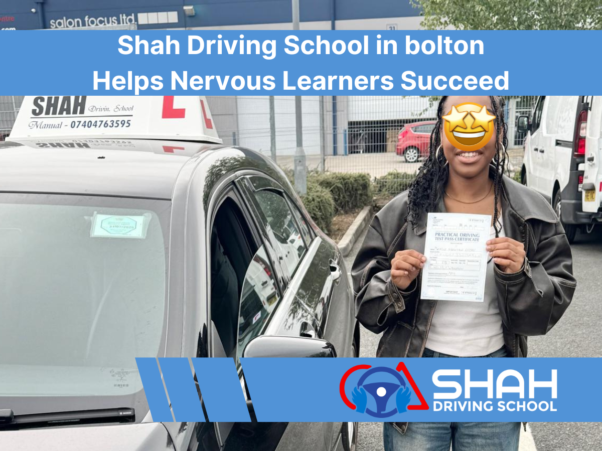 Learner driver celebrating after passing the driving test with Shah Driving School Bolton, standing beside a training car with L plates and Shah Driving School roof sign.