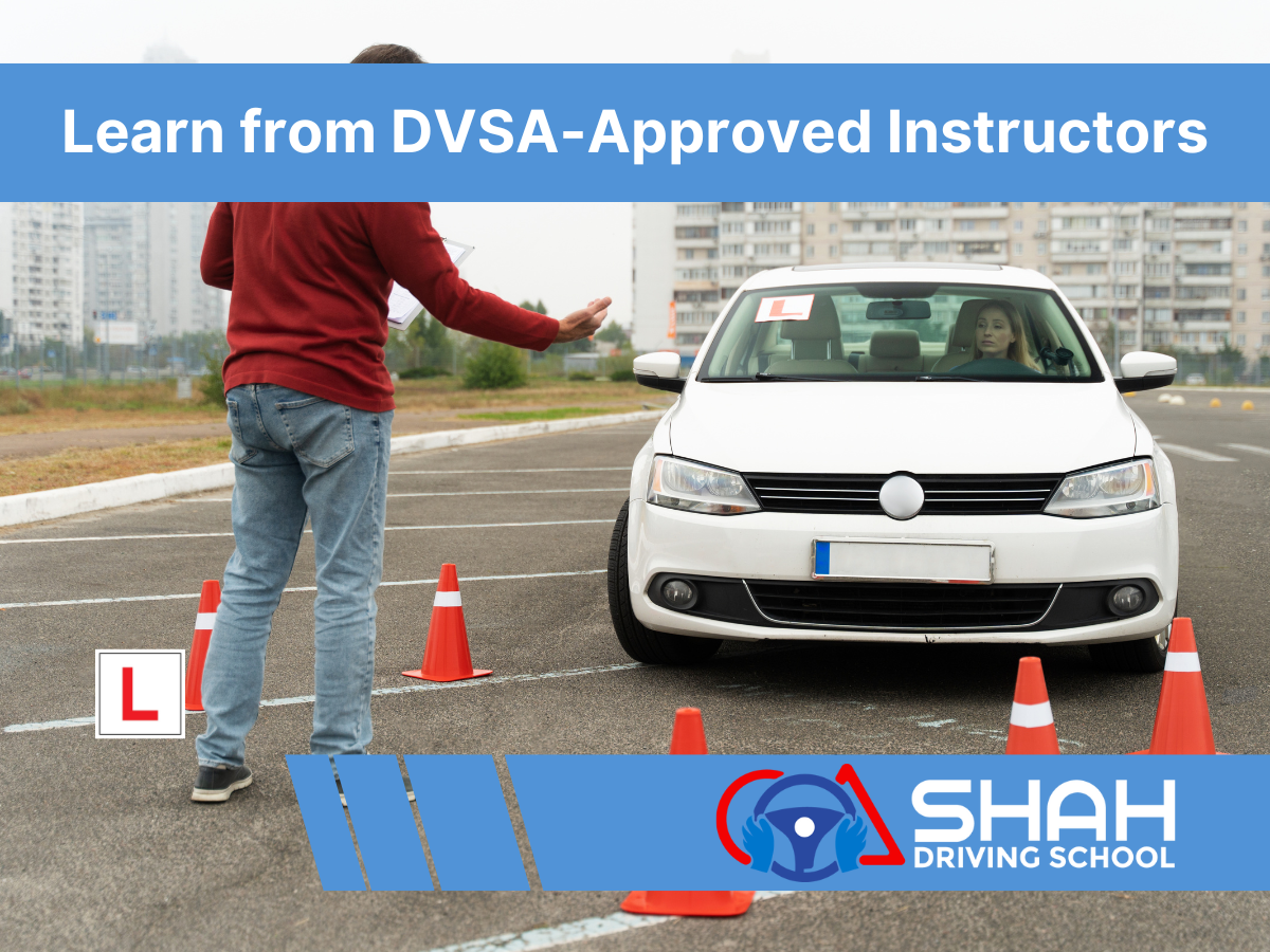 a white car outside shah driving school , & dvsa approved shah driving school instructor doing a test