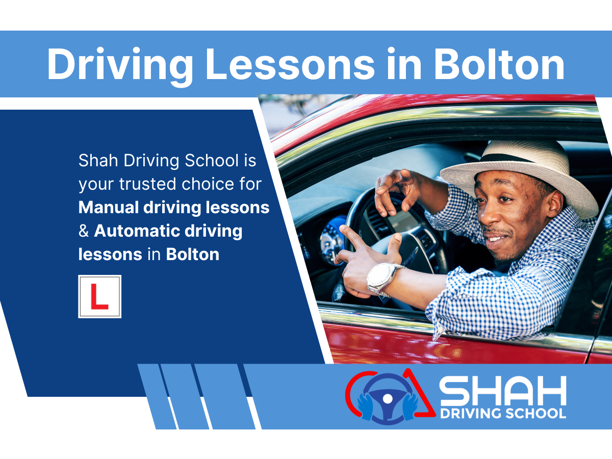 a happy learner in car outside shah driving school in bolton