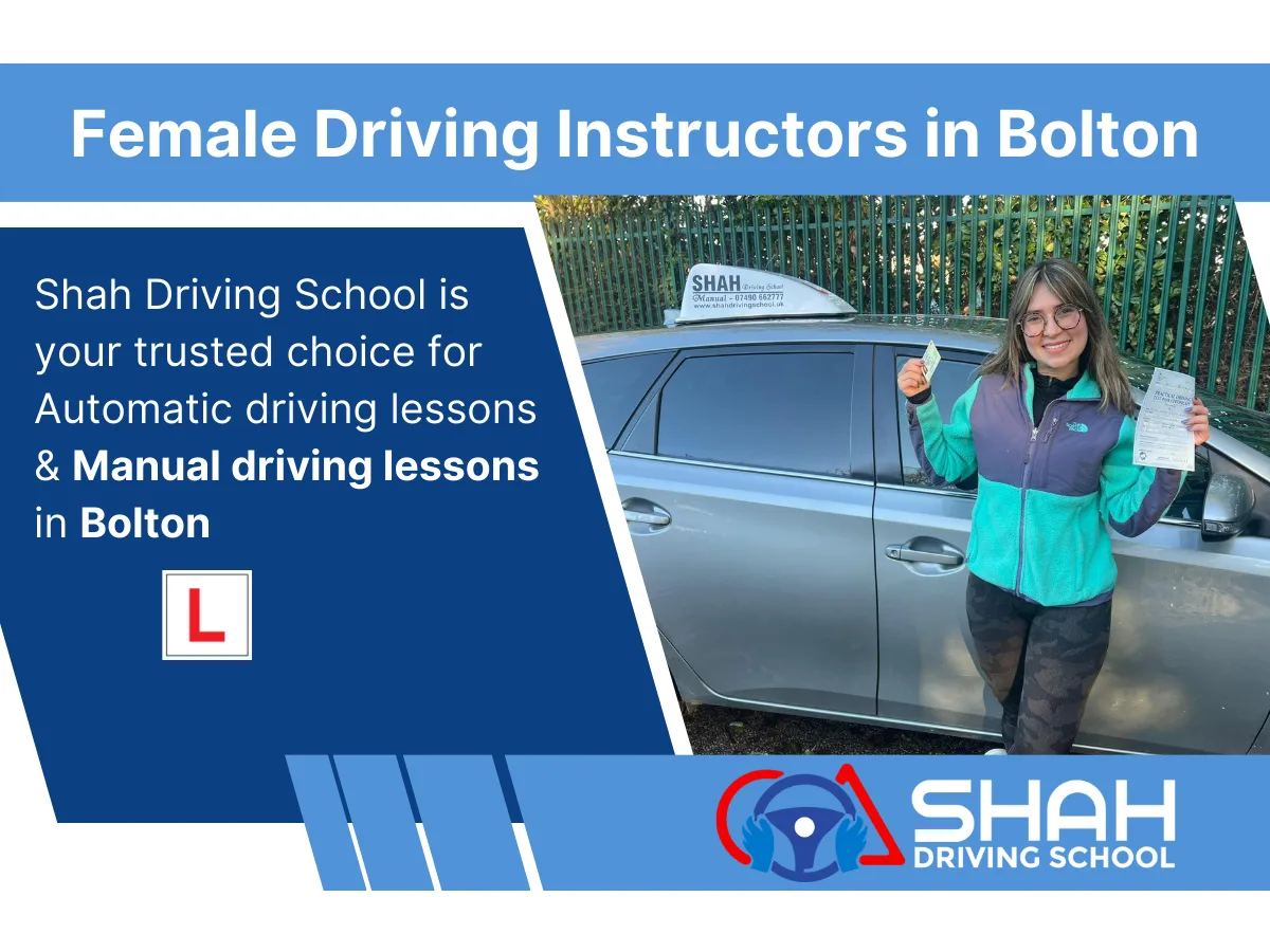 Female driving instructor in Bolton teaching a learner driver inside a car during a practical lesson – Shah Driving School Bolton.