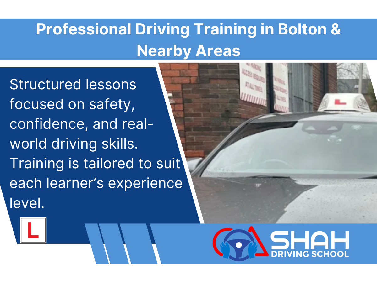 Professional driving lessons in Bolton with certified instructor and learner car.