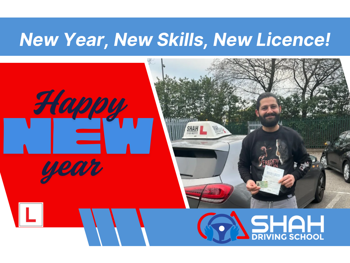 Happy New Year post by Shah Driving School Bolton showing a learner holding a passed driving test certificate next to a learner car, promoting manual and automatic driving lessons in Bolton.