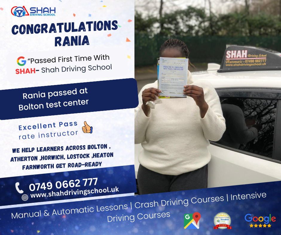 A happy student, Rania, holding her practical driving test pass certificate next to a Shah Driving School tuition car at the Bolton Test Centre.