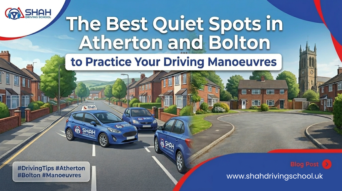A promotional banner for Shah Driving School featuring blue branded tuition cars parked on a quiet, sunny residential street in the UK. The text overlay reads "The Best Quiet Spots in Atherton and Bolton to Practice Your Driving Manoeuvres," with a church tower and brick houses in the background.