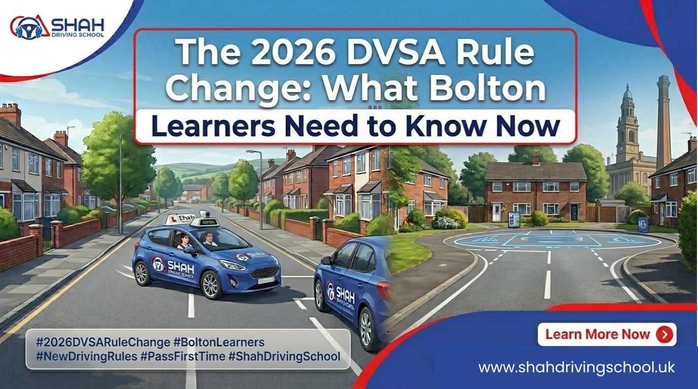 A Shah Driving School instructor and learner student in Bolton, explaining the new DVSA driving test changes 2026 and the Two-Strike booking rule.