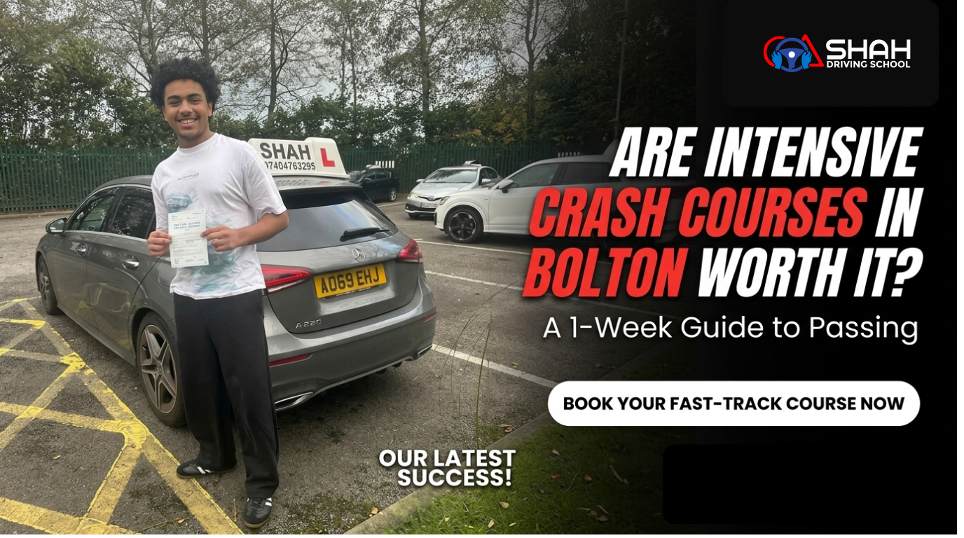 Successful Shah Driving School student with a DVSA pass certificate after completing a crash course in Bolton, standing by a grey Mercedes instructor car.