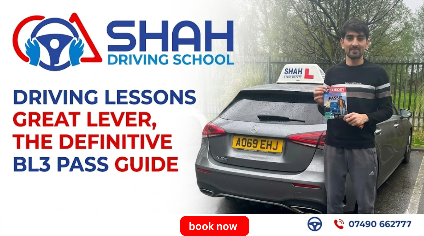 Shah Driving School instructor standing with a Mercedes car in Great Lever, Bolton, holding a theory pass certificate with the company logo and "Driving Lessons Great Lever Bolton" text.