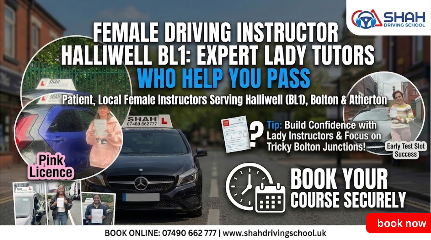 Shah Driving School Halliwell BL1 - Female driving instructor banner featuring a gallery of successful female students with pass certificates and pink licences, specialized for lady-led lessons in Bolton and Atherton.