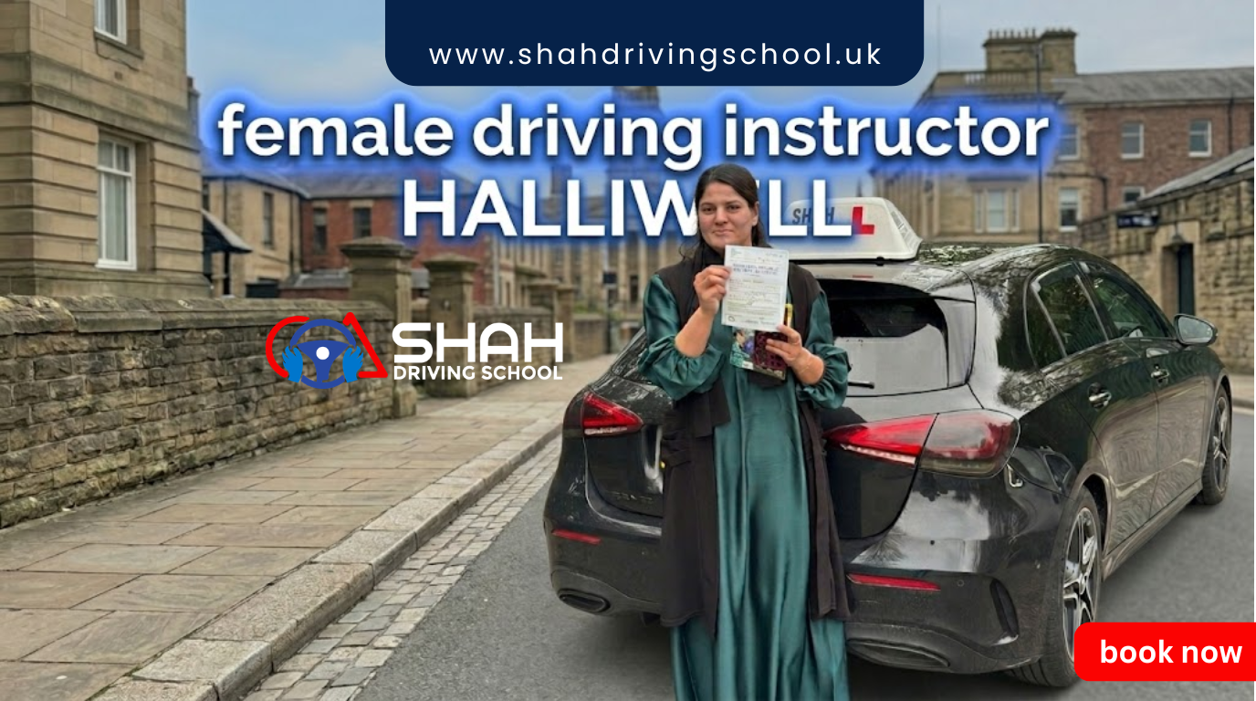 Female driving instructor Halliwell BL1 – Professional lady tutor with a successful student in front of Halliwell Town Hall, Bolton. Specialist in manual and automatic driving lessons for nervous learners in the BL1 postcode area.