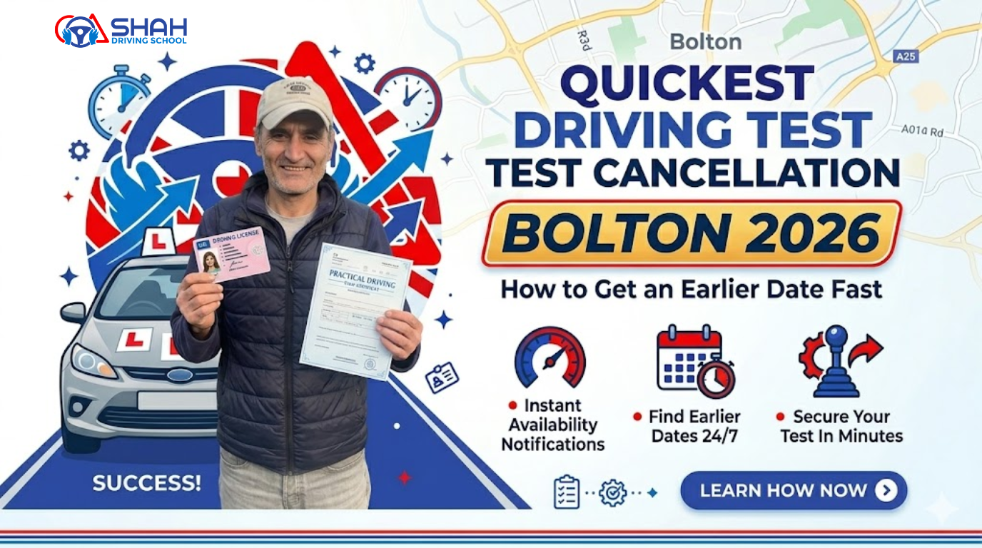 A promotional banner featuring a happy man in a blue puffer vest and beige cap holding a driving license and a "Passed" certificate, with a silver learner car and a map of Bolton in the background. The text reads "SHAH DRIVING SCHOOL", "QUICKEST DRIVING TEST CANCELLATION BOLTON 2026", "How to Get an Earlier Date Fast", with icons for instant notifications, 24/7 date finding, and fast booking, and a "LEARN HOW NOW" button.