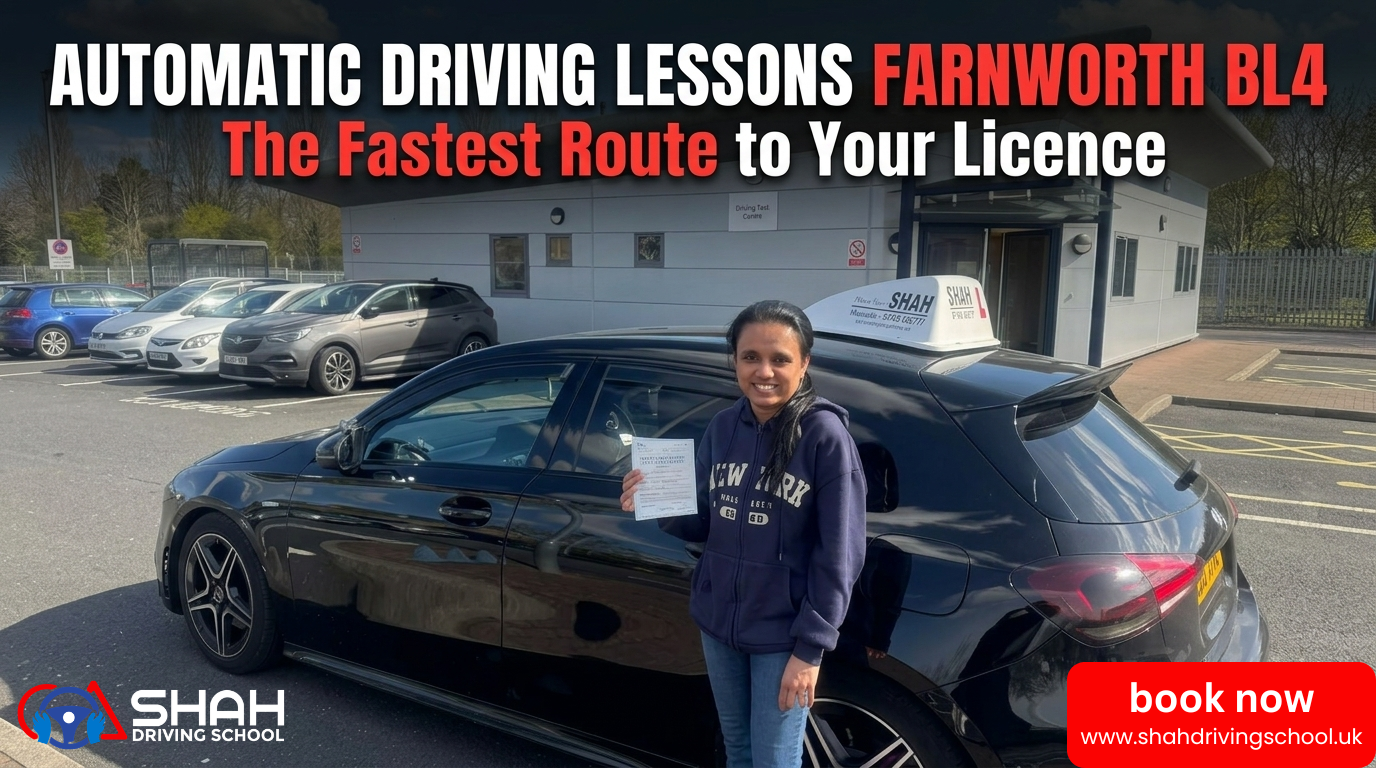 Shah Driving School student with pass certificate after taking automatic driving lessons in Farnworth (BL4), standing with a black Mercedes training car at a local test center.