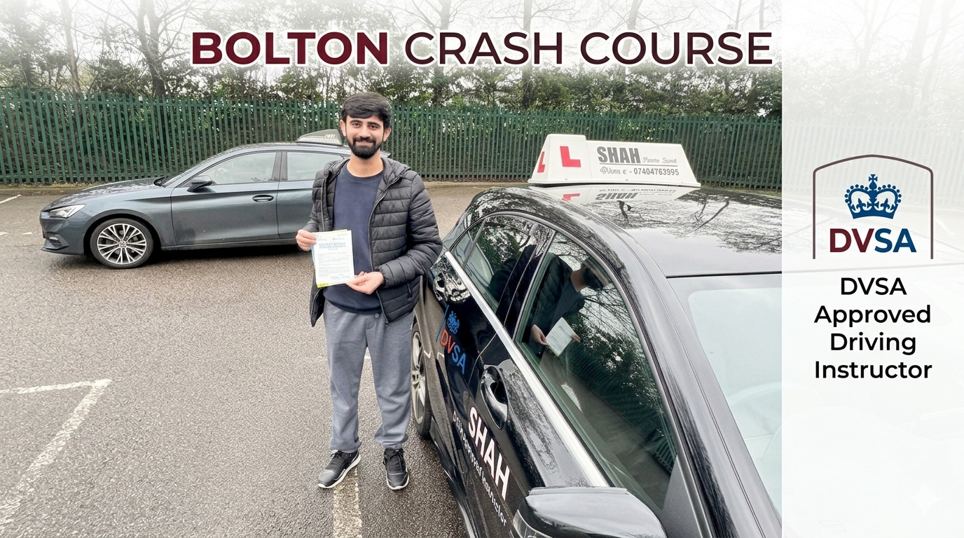 A promotional banner featuring a smiling male driving test candidate in a parking lot, holding a pass certificate and standing next to a black Mercedes-Benz A-Class driving school car with a roof-mounted 'SHAH' L-plate and phone number, with text "BOLTON CRASH COURSE" and a "DVSA Approved Driving Instructor" badge overlay.