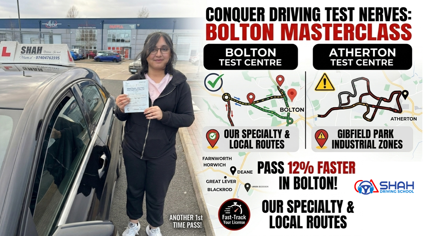 Successful student holding pass certificate with Shah Driving School after overcoming driving test nerves in Bolton.