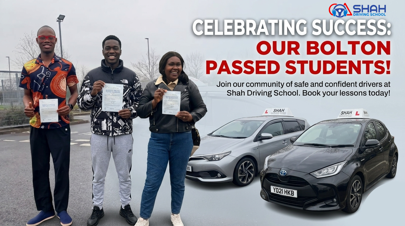 Three successful students proudly holding pass certificates after completing a driving masterclass in Bolton with Shah Driving School.