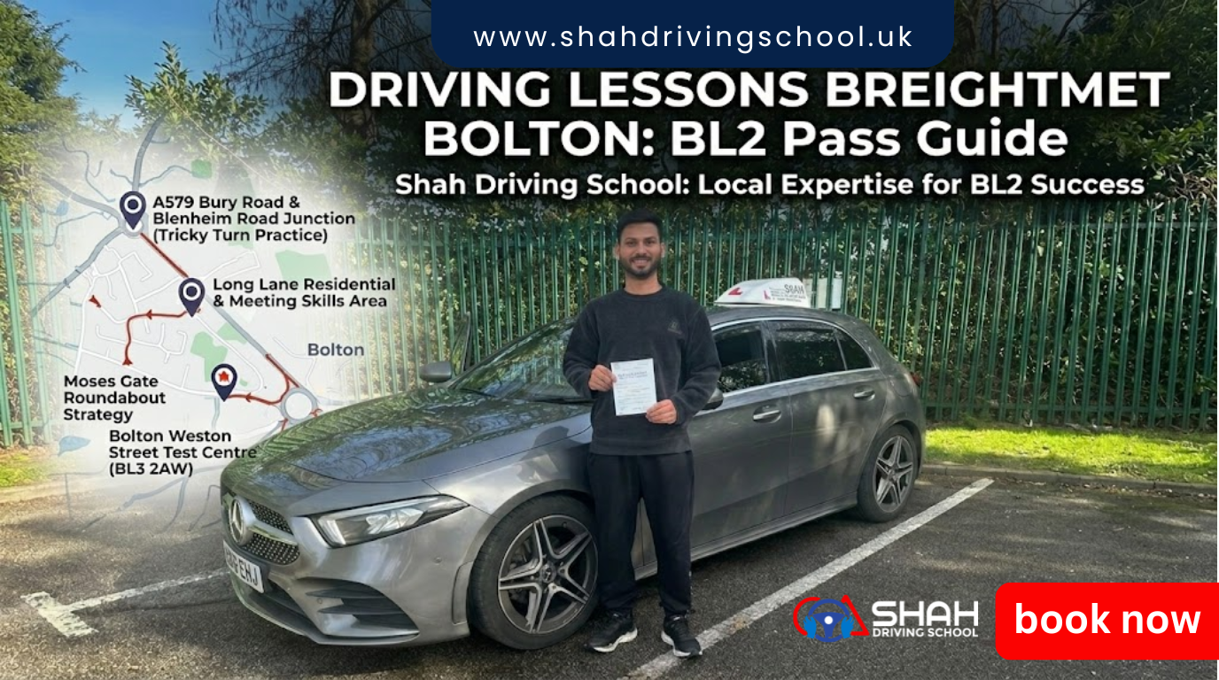 Successful student holding a driving test pass certificate next to a Mercedes driving school car in Breightmet, Bolton BL2, with a local test route map overlay.
