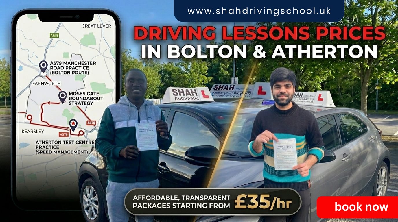 A marketing graphic for Shah Driving School. On the left, a smartphone displays a detailed driving route map around Bolton and Atherton. On the right, two happy men (one Black, one South Asian) hold their practical driving test pass certificates in front of their modern training cars. Large text at the top reads, "DRIVING LESSONS PRICES IN BOLTON & ATHERTON." Below, an oval banner says, "AFFORDABLE, TRANSPARENT PACKAGES STARTING FROM £35/hr" and a red button says "book now."