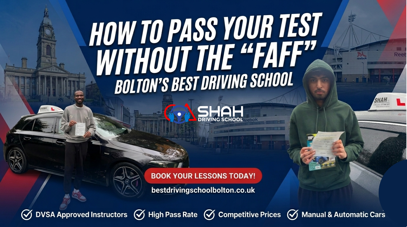 Marketing banner for bestdrivingschoolbolton.co.uk featuring diverse students with pass certificates, modern tuition cars, local landmarks, and the main title: "HOW TO PASS YOUR TEST WITHOUT THE 'FAFF'."