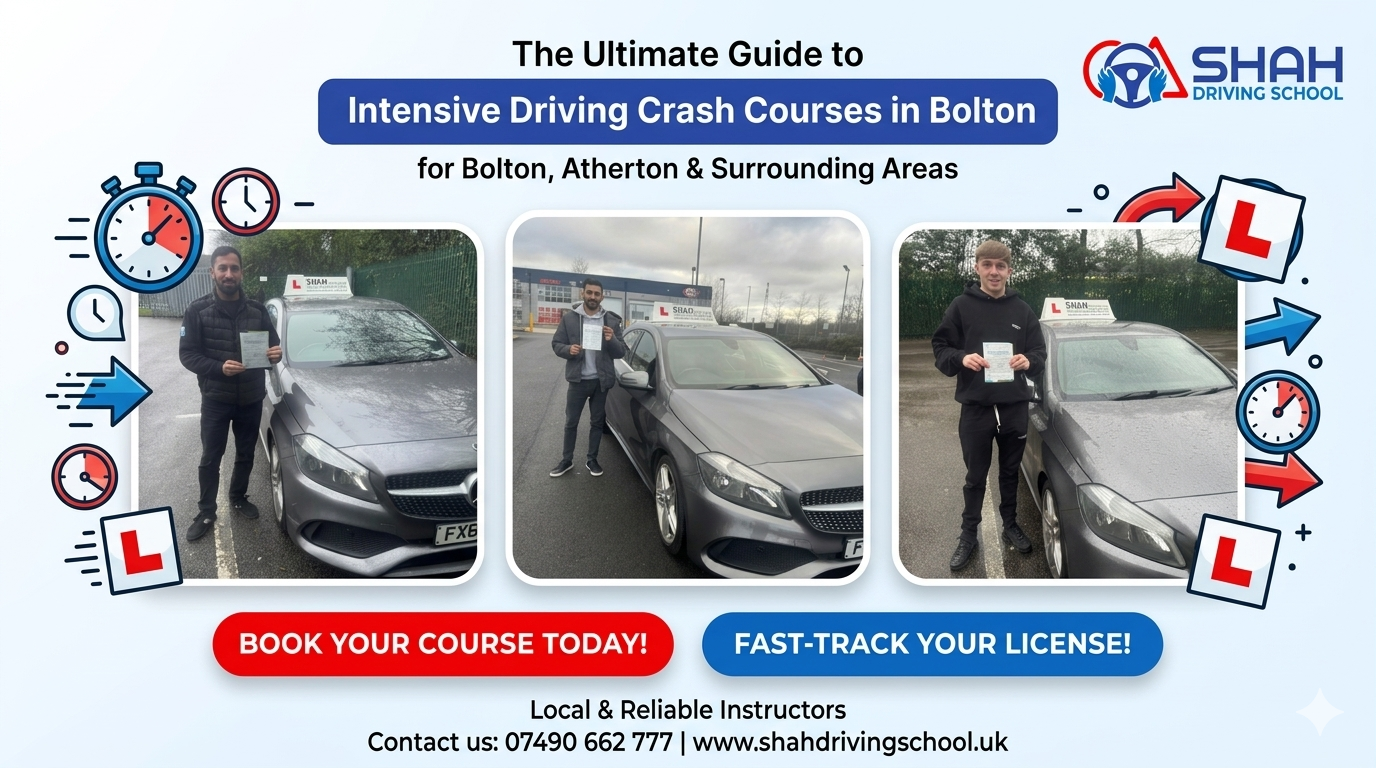 Three smiling students holding pass certificates next to Mercedes-Benz learner cars in Bolton and Atherton.