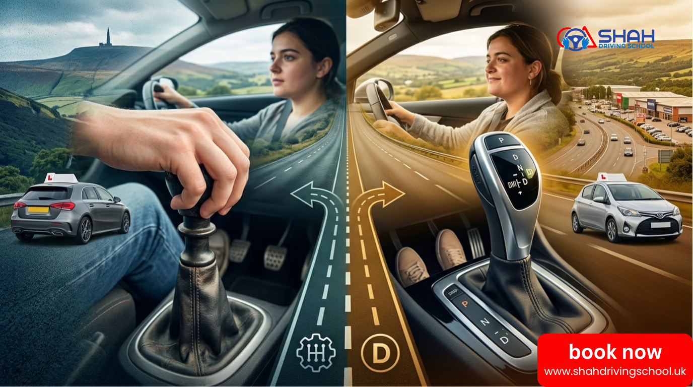 A dynamic visual comparison banner for driving lessons in Horwich (BL6), split vertically to show manual gear stick operation with clutch control vs. automatic gear selector ease, set against the local Bolton landscape.