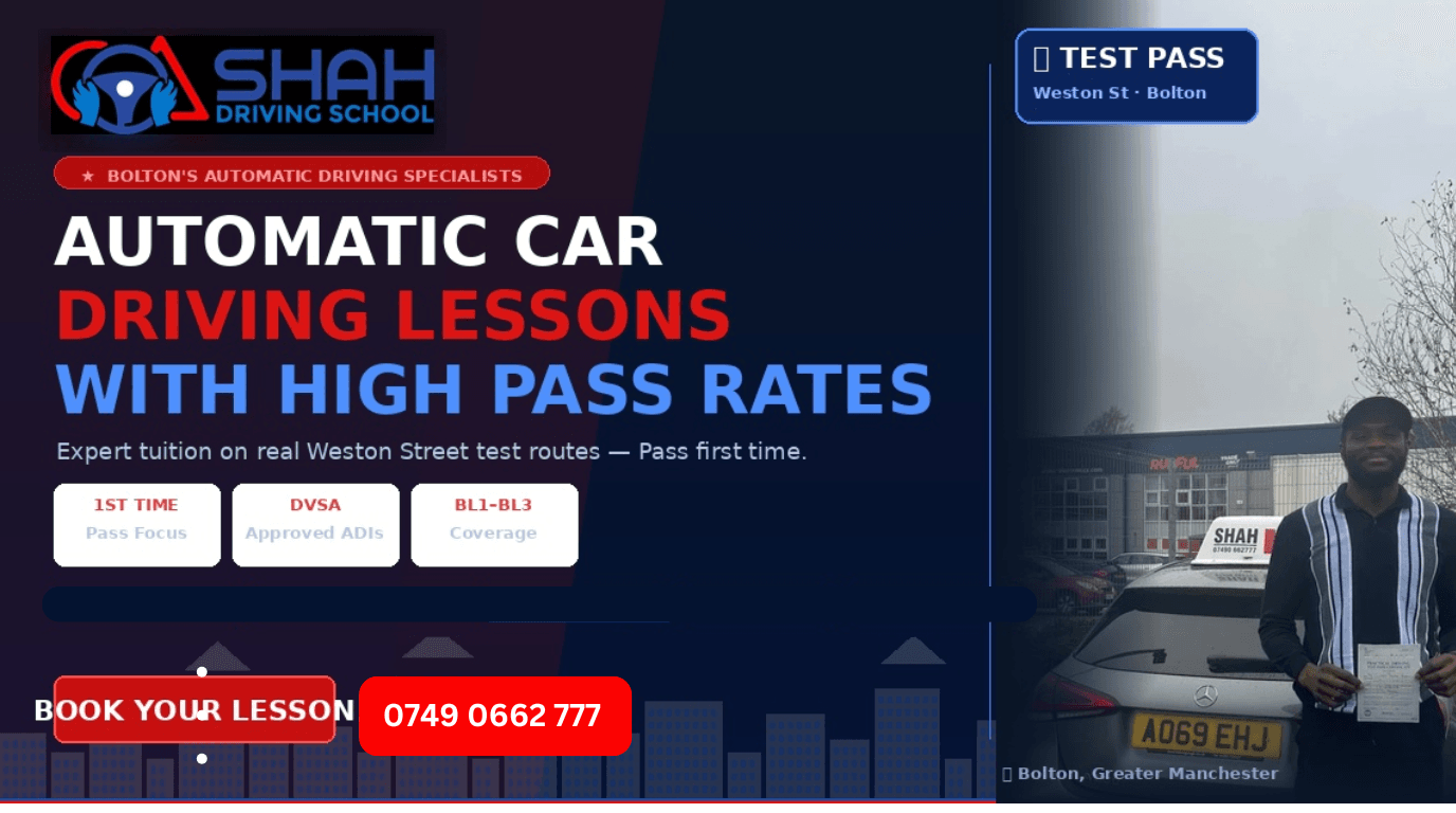 Automatic car driving lesson with high pass rates Bolton — Shah Driving School student holding DVSA pass certificate next to Shah driving school car at Weston Street Bolton test centre