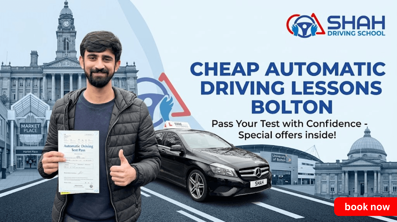 A happy student holding a successful automatic driving test pass certificate in front of a professional Shah Driving School banner featuring Bolton landmarks like the Town Hall and University of Bolton Stadium.