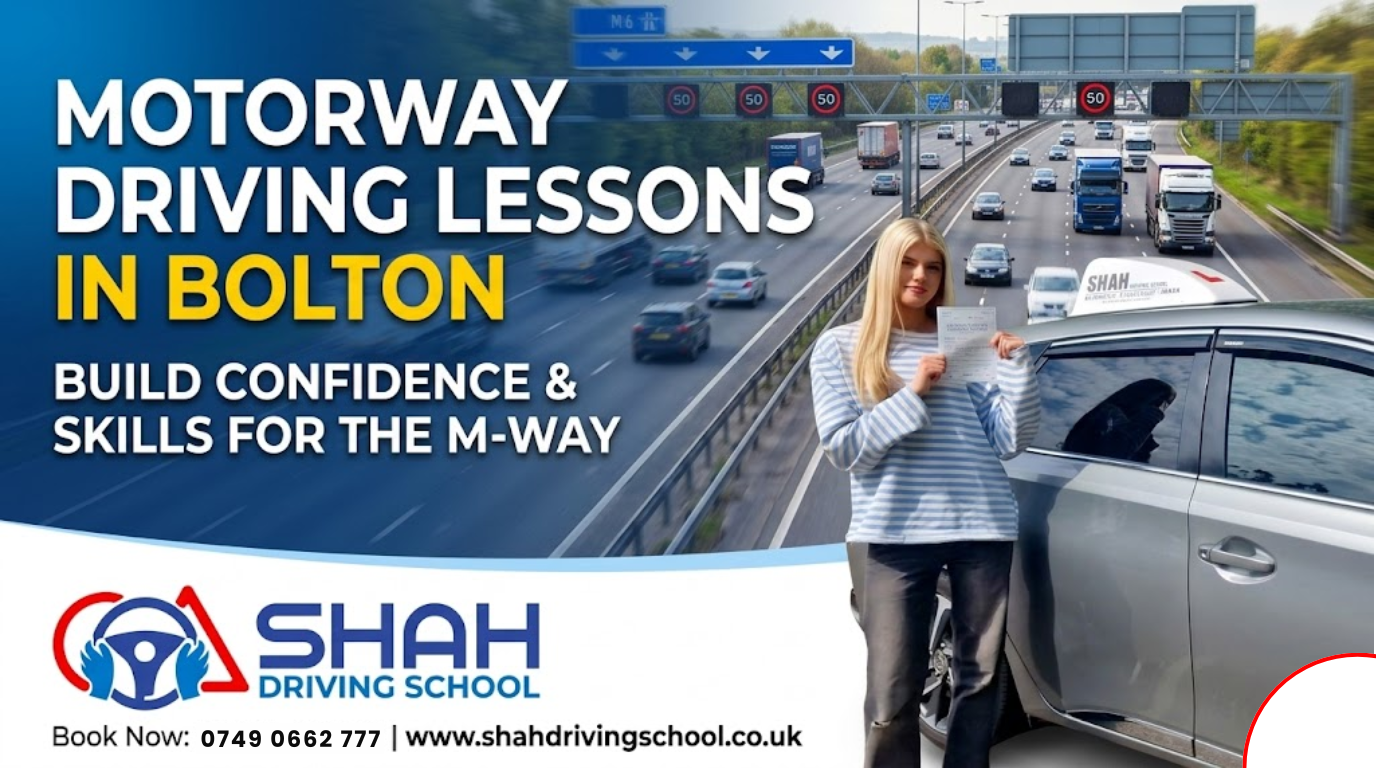 A learner driver in Bolton using a tablet for online theory test preparation. The background shows Knowsley House (Bolton Theory Test Centre) and a road sign pointing to Weston Street. Text overlay: THEORY TEST BOLTON: ULTIMATE 2026 GUIDE.