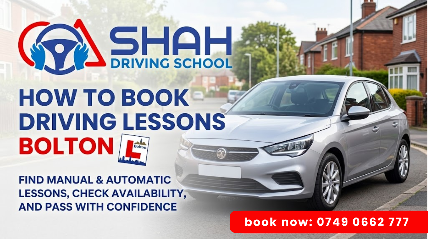 A silver hatchback driving school car parked on a suburban street, with the text "How to book driving lessons Bolton" and the Shah Driving School logo.
