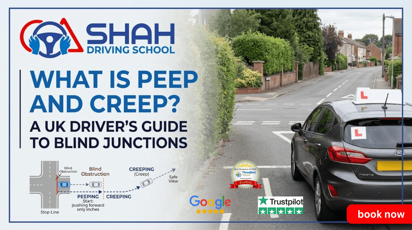 What Is Peep and Creep A Shah Driving School blog banner showing a learner car at a UK blind junction with a diagram explaining the "Peep and Creep" technique for safely emerging from behind obstructions.