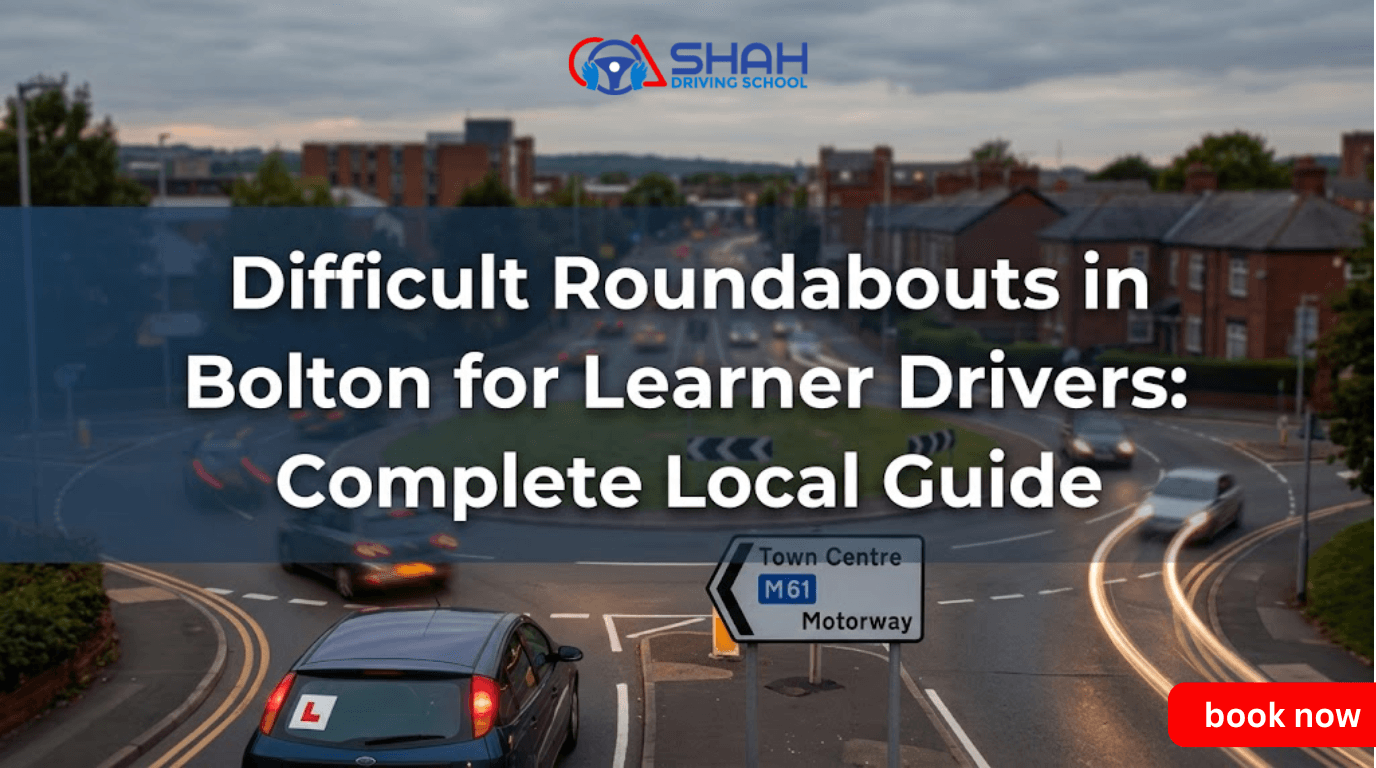A blog banner showing a busy multi-lane roundabout in Bolton, UK, at dusk with light trails from cars. A dark blue car with a red learner "L" plate on the back window is in the foreground, approaching the roundabout. A road sign points toward the Town Centre and M61 Motorway. Overlaid across the middle is the text: "Difficult Roundabouts in Bolton for Learner Drivers: Complete Local Guide".