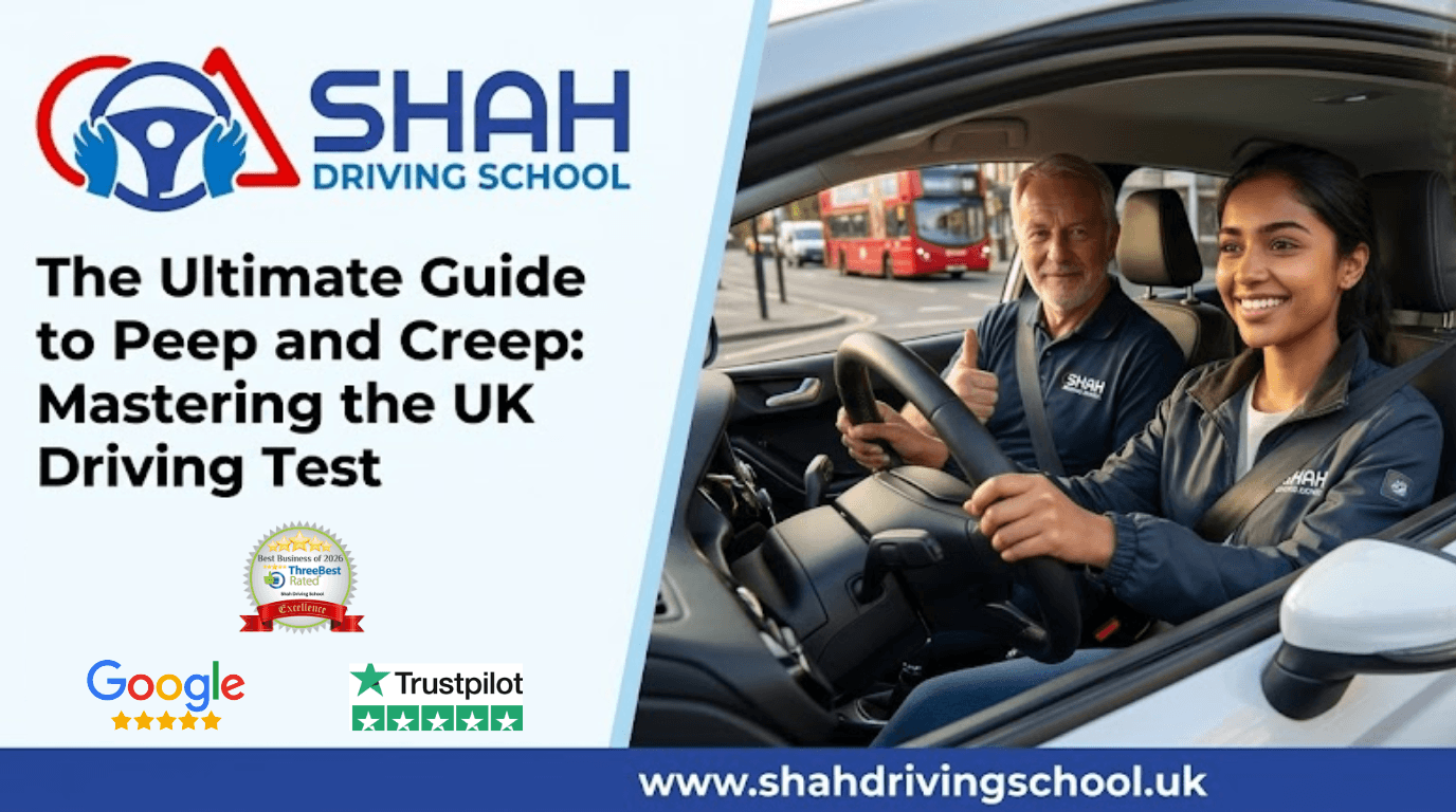 Peep and Creep Professional blog banner for Shah Driving School featuring a student and instructor in a car during a driving lesson. The text reads "The Ultimate Guide to Peep and Creep: Mastering the UK Driving Test" alongside Trustpilot and Google 5-star rating badges.
