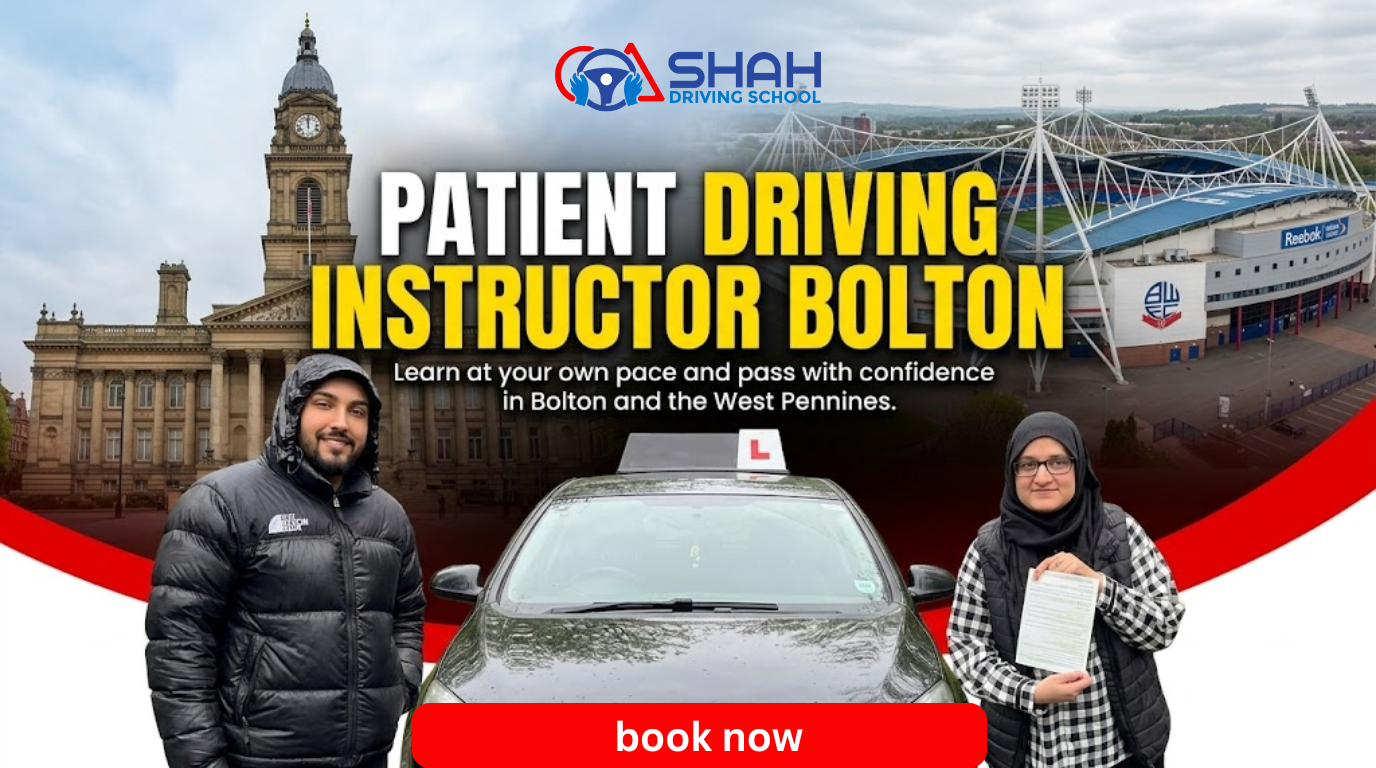 A happy female student holding her driving test pass certificate next to her instructor and a black tuition car, set against a background featuring the Bolton Town Hall and Reebok Stadium with a red and white professional design.