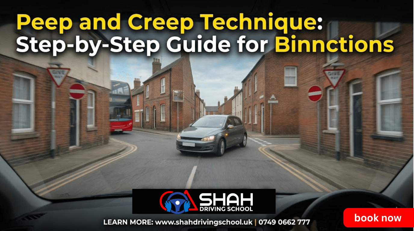A gray car performing the Peep and Creep driving technique at a blind junction in a UK residential area with Shah Driving School branding and contact details.