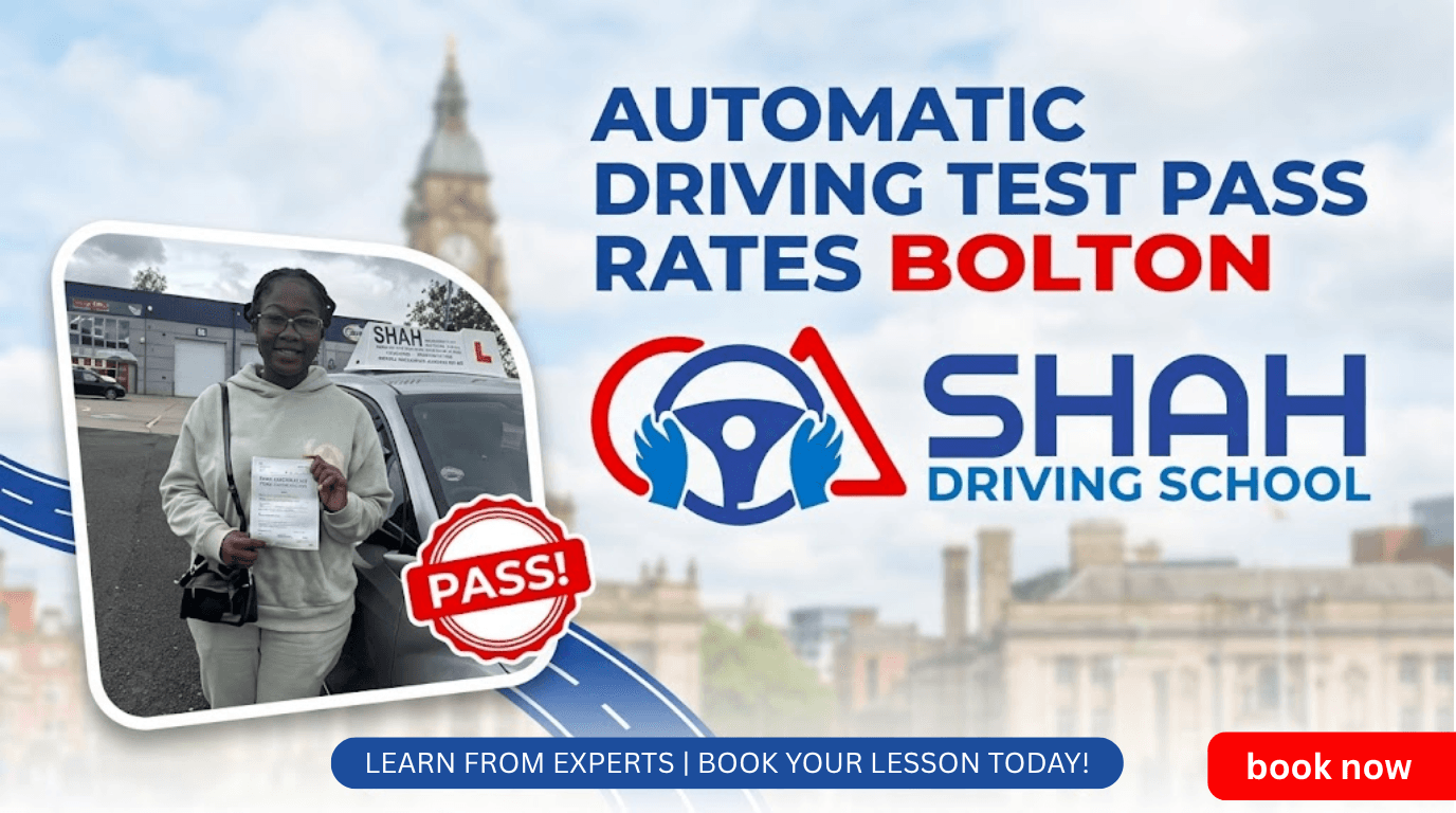 Shah Driving School automatic car with passing student in front of Bolton town hall. Title: Automatic driving test pass rates Bolton. A great pass rate!