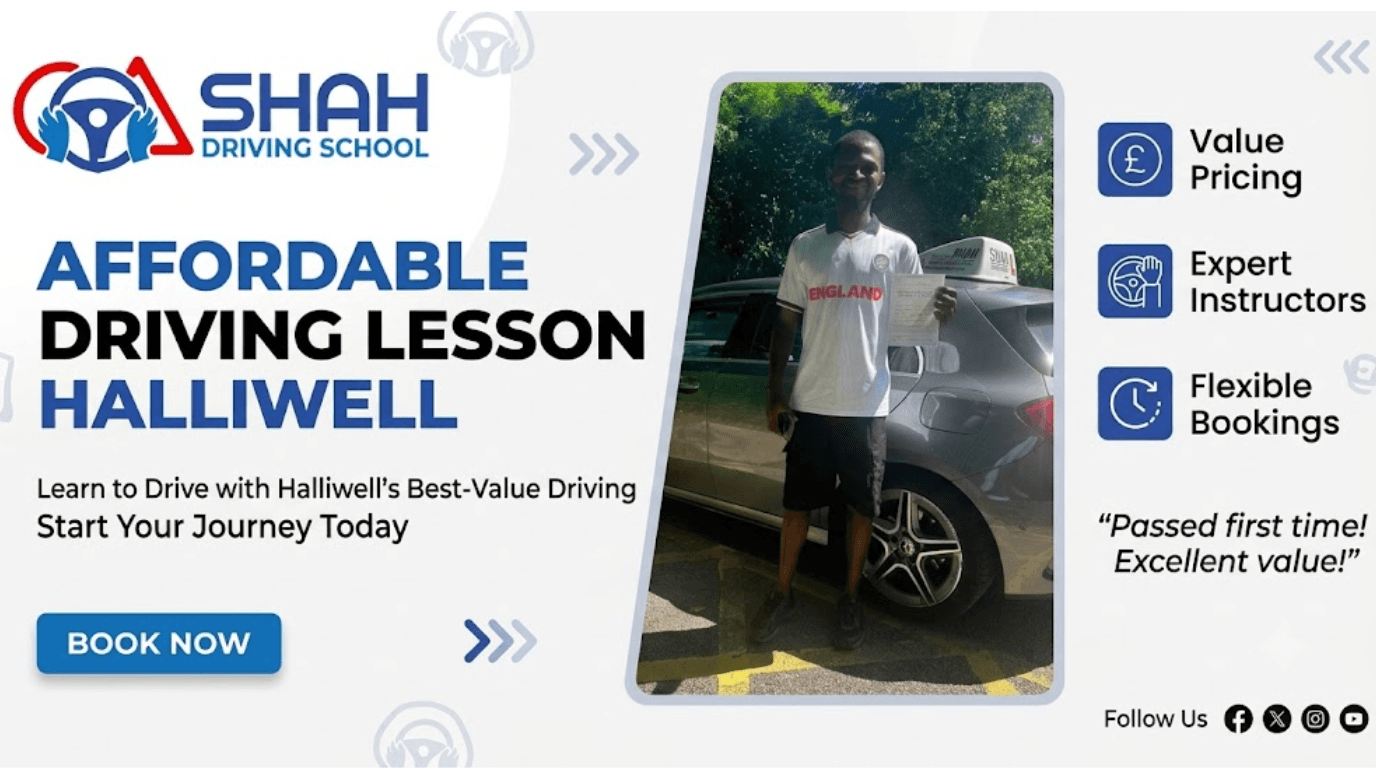 : Shah Driving School student holding a pass certificate next to a car, promoting affordable driving lessons in Halliwell.