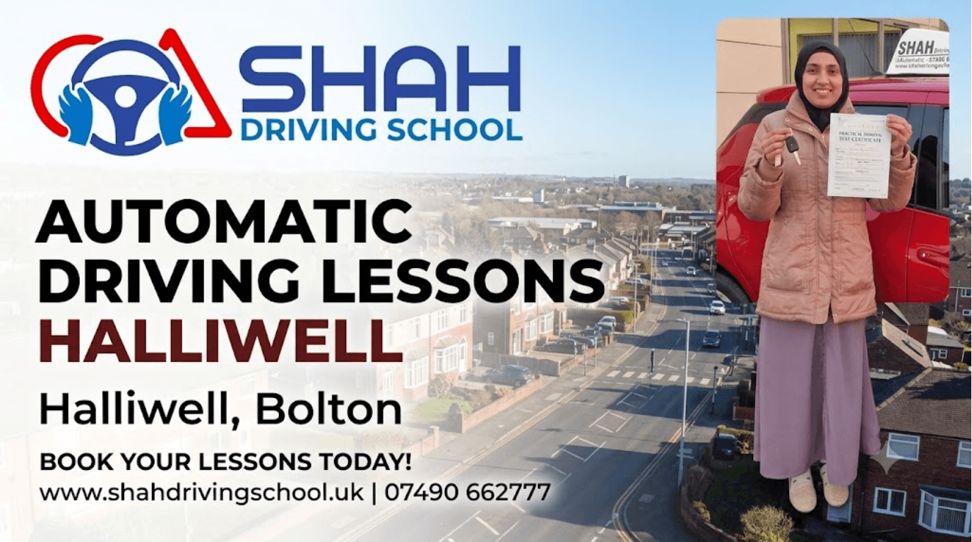 A promotional banner for Shah Driving School featuring a successful student holding a driving test certificate, set against a background of Halliwell, Bolton.